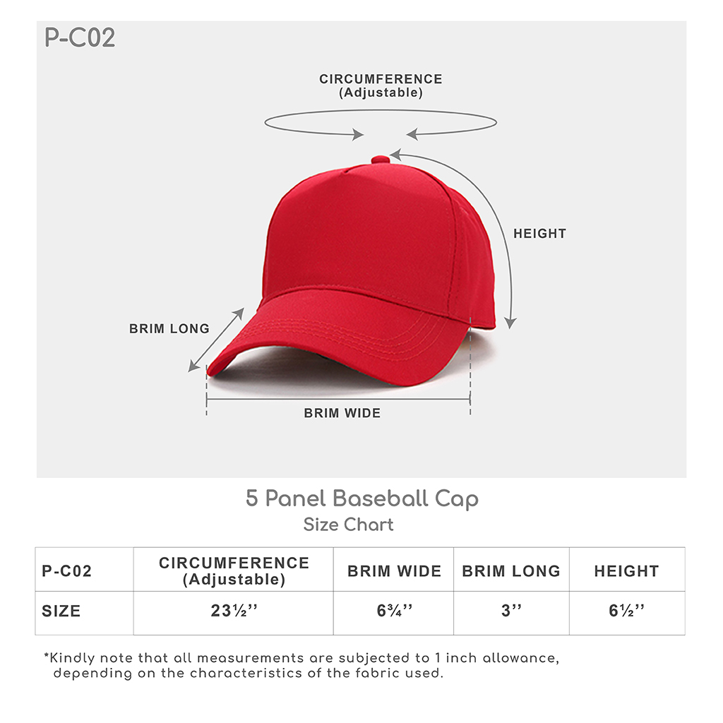 Size Guide- 5 Panel Baseball Cap Adult Unisex (P-C02) - Panbasic