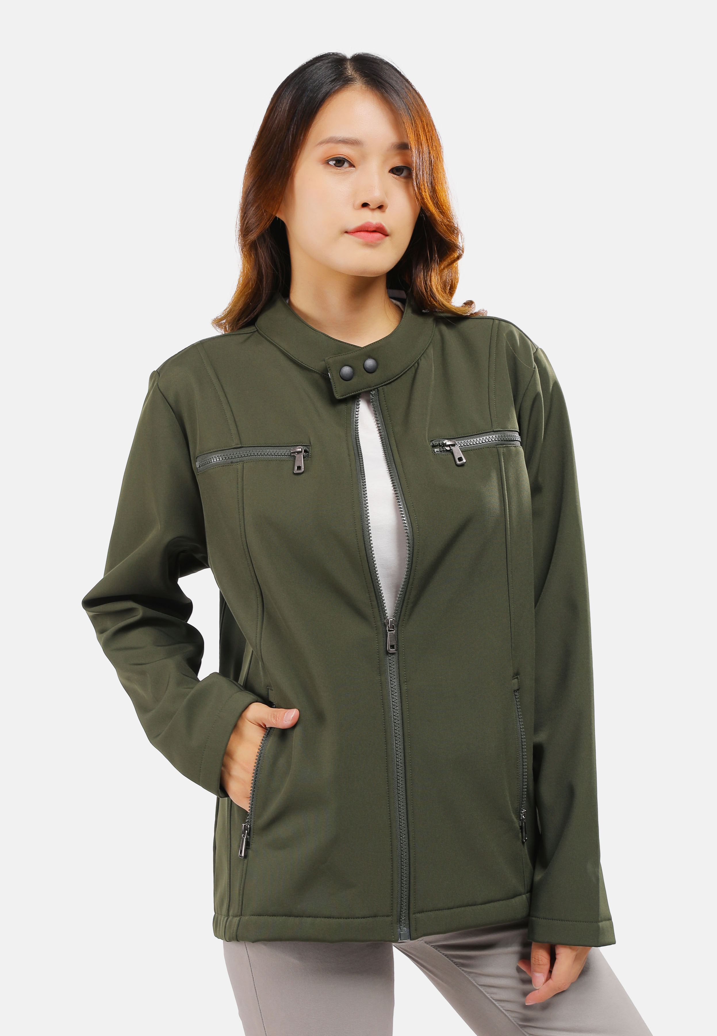 High Neck Jacket 95% Polyester, 5% Spandex- Army Green (P-304-28 ...